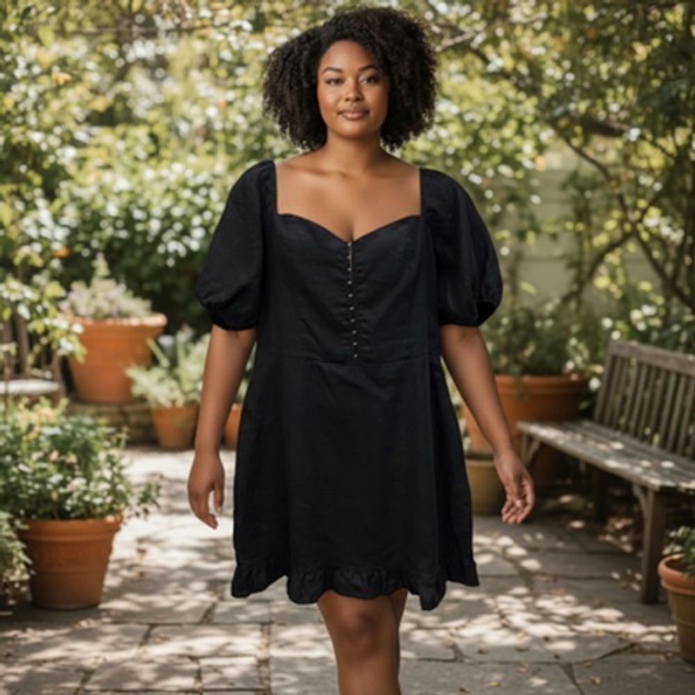 Reformation Dress Womens 16 Black Linen Seattle Mini Sweetheart Puff Smocked USA